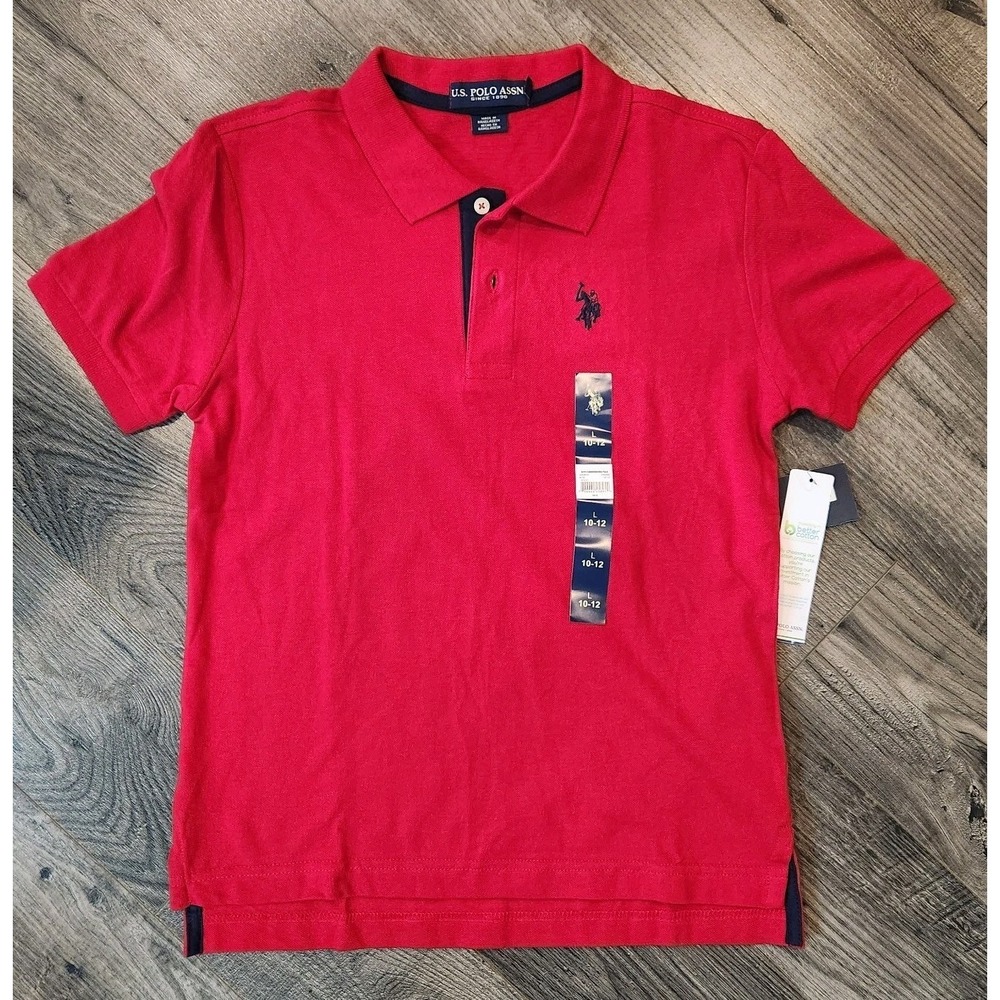 US Polo Assn Boys Shirt Collared Youth L 10/12 Red Short Sleeve Polo NWT